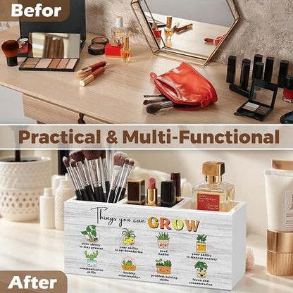 Boho Plant Classroom Pencil Pen Holder for Office Desk Organizer, Counseling Calming Office Wooden Box Decorations for Students College Boys Girls Teachers First Day of School