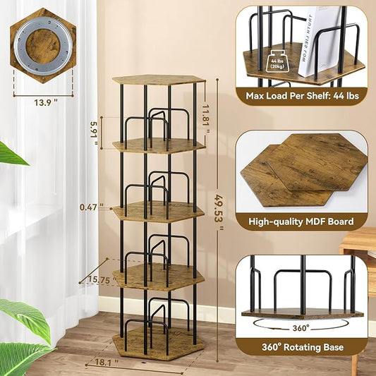 SUNMORY 4 Tier Rotating Bookshelf Tower, Revolving 360 ° Spinning Bookcase, Hexagonal Corner Book Shelf Storage Carousel, Vertical Rotate Turning Organizer Book Shelves for Living Room Office Bedroom
