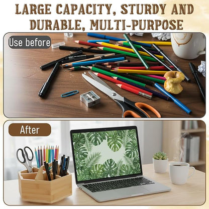 Bamboo Rotating Art Supply Desk Organizer, Rotating Marker Organizer for Alcohol Markers, Office Supplies Desktop Storage Caddy, 360-Degree Rotatings Bamboo Storage for Pencils, Pen, Paint Brushes