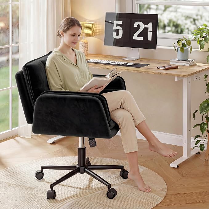 DurayLoly Criss Cross Chair with Wheels, Fluffy Vanity Chair with 5-Gear Flip Armrests, Cross Legged Swivel Seat for Bedroom, Makeup Vanity, Home Office, Dorm, Black