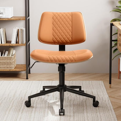 Modern Armless Office Chair with Wheels, Adjustable Swivel Desk Chair with Wide Seat and Tilt Function, Faux Leather Mid Century Task Chair for Home Office, Bedroom, Vanity, Brown