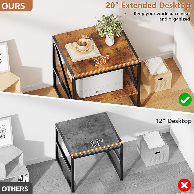 2-Tier Large Priner Stand with Charging Station, 20"×20" Under Desk Printer Table with Power Outlets and USB Ports for Office, Mini Fridge Stand, Storage Shelf for Scanner Fax Machine, Rustic Brown