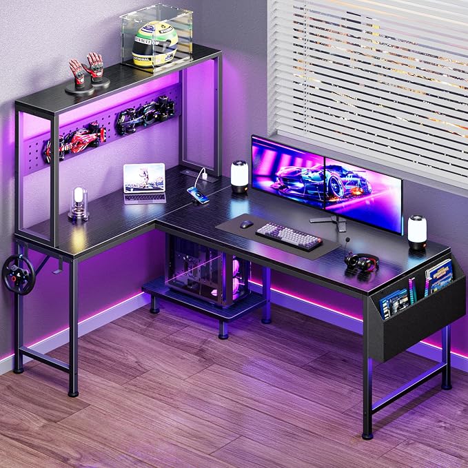 PRAISUN L Shaped Gaming Desk with LED Lights & Power Outlets, Reversible Computer Desk with Storage Shelves & Bag, Large Corner Home Office Desk with Pegboard for Work from Home, Black