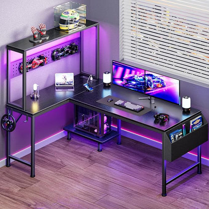 PRAISUN L Shaped Gaming Desk with LED Lights & Power Outlets, Reversible Computer Desk with Storage Shelves & Bag, Large Corner Home Office Desk with Pegboard for Work from Home, Black