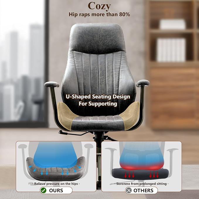 Mid Century Modren Office Chair,High Back Ergonomic Executive Chair with Lumbar Support, Computer Desk Swivel Task Chair with Wheels, Faux Lether Suede Fabric Home Chair (High Back, Grey)