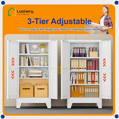 Metal Storage Cabinet with 2 Doors and 3 Adjustable Shelves - 47.2" Steel File Cabinet,Tool Cabinets for Office,Home,Garage,Gym,School,Bathroom,Kitchen(White)