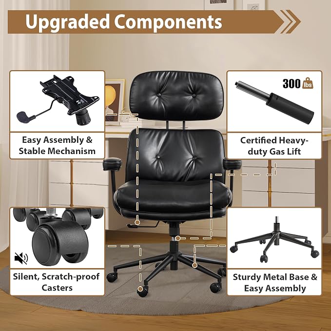 Home Office Chair,Ergonomic Computer Chair with Lumbar Support Adjustable Height,Mid-Century Modern Office Chair with Rolling Swivel Chair for Home Office Game Study(PU Leather Chair,Dark)