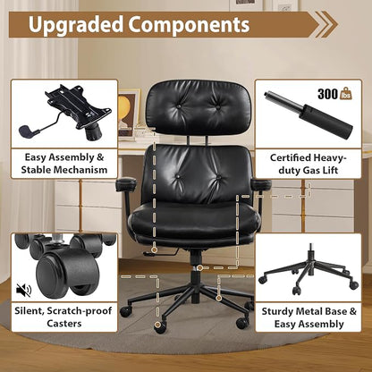 Home Office Chair,Ergonomic Computer Chair with Lumbar Support Adjustable Height,Mid-Century Modern Office Chair with Rolling Swivel Chair for Home Office Game Study(PU Leather Chair,Dark)