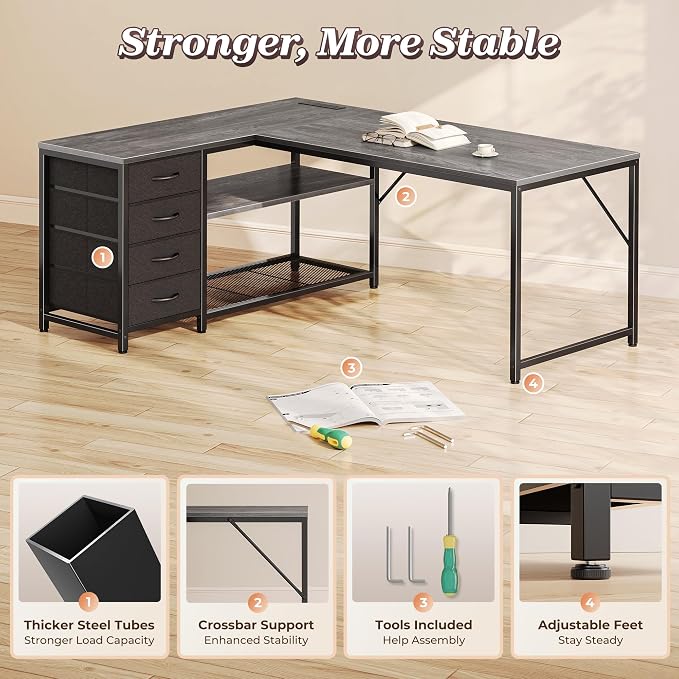 PRAISUN 53" L Shaped Desk with Power Outlets & USB-C Port, Reversible Computer Corner Office Desk with 4 Fabric Drawers and 2 Storage Shelves, Large Desk for Gaming Writing Work Study, Grey