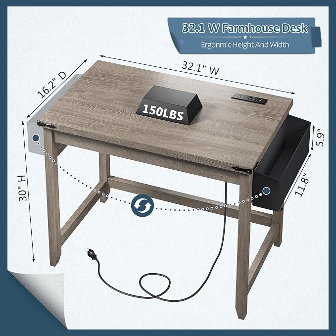 EnHomee 32" Farmhouse Writing Desk,Small Bedroom Desk with Power Outlet and Storage Bag, Sturdy Computer Desk for Small Spaces, Thickened Solid,Compact Home Office Desk for Bedroom Study,Ash Gray