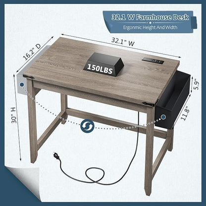 EnHomee 32" Farmhouse Writing Desk,Small Bedroom Desk with Power Outlet and Storage Bag, Sturdy Computer Desk for Small Spaces, Thickened Solid,Compact Home Office Desk for Bedroom Study,Ash Gray