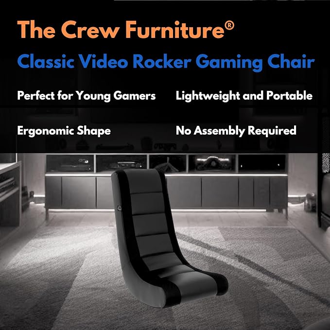 The Crew Furniture Classic Video Rocker Gaming Chair, for Kids and Teens, PU Faux Leather & Polyester Mesh, Black/Black