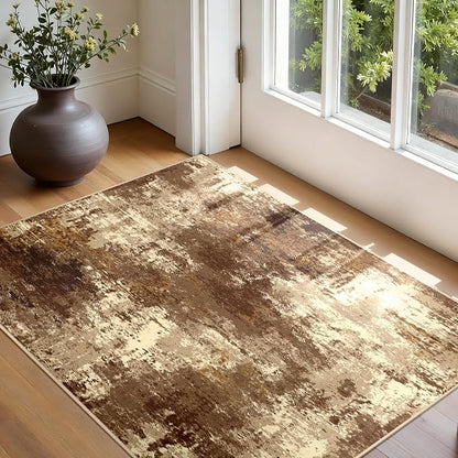 RELEANY Washable Area Rugs 3'x5' Non-Slip Modern Abstract Soft for Living Room Entryway Bedroom Kitchen, Print Pattern, Brown Tan Beige Coffee