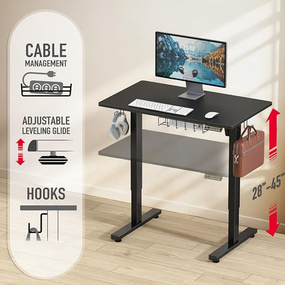SHW 40 x 22 Inches Electric Height Adjustable Sit to Stand Desk with Hanging Hooks and Cable Management, Black Frame and Black Top