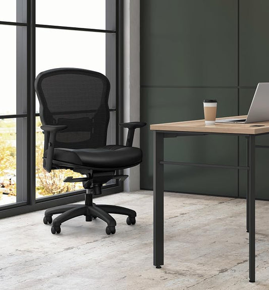 HON Wave High Back Ergonomic Office Chair with Leather Seat and Breathable Mesh Back, Adjustable Arms, Synchro‑Tilt Recline and Swivel Wheels for Desk and Computer Use, Black