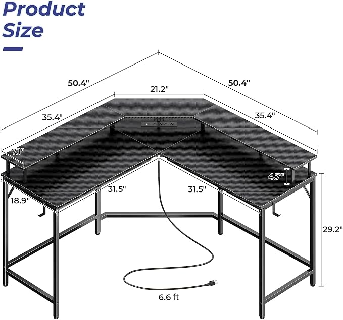Huuger L Shaped Gaming Desk with Power Outlets & LED Lights, Computer Desk with Monitor Shelves, Carbon Fiber Surface, Home Office Desk, Corner Gaming Desk with Hooks, Carbon Fiber Black