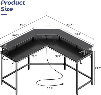 Huuger L Shaped Gaming Desk with Power Outlets & LED Lights, Computer Desk with Monitor Shelves, Carbon Fiber Surface, Home Office Desk, Corner Gaming Desk with Hooks, Carbon Fiber Black