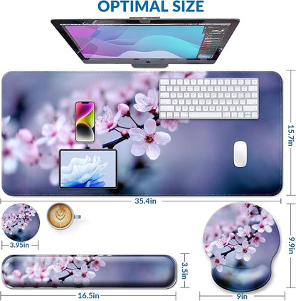 Desk Mat Set + Keyboard and Mouse Pad with Wrist Rest Support,4-in-1 Large Mousepad Computer Mats for Desktop Home & Office-Cherry Bloosom