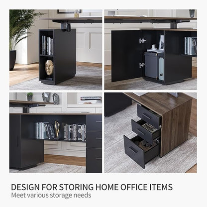 FEZIBO L Shaped Standing Desk, 63 inch Executive Standing Desk, Adjustable Height Desk with Storage Drawers for Home Office, Deep Wood Grainy