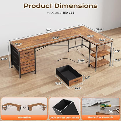 Huuger 63 Inch L Shaped Desk with Fabric Drawers, Computer Office Desk with Power Outlets and USB-C Port, Corner Desk with Storage Shelves, Work Study Home Office, Reversible, Rustic Brown, 1CD079F