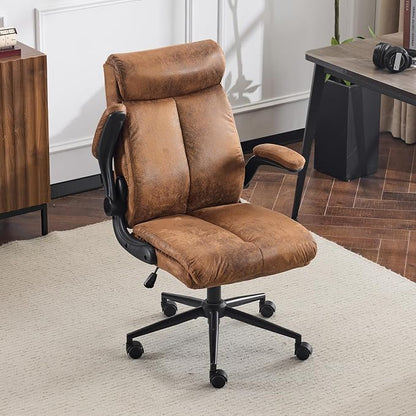 VINGLI Microfiber Brown Rolling Ergonomic Office Desk Chair with Padded Flip-up Arms, 360°Swivel High Back Executive Computer Chair with Wheels for Game，Home Small Space, Study Room, Reading Room