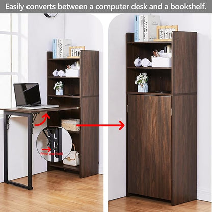 Foldable Desk with Storage,Hidden Desk with Built-in Socket,Fold Out Writing Table for Small Spaces,Home Office and Bedroom (Dark Walnut)