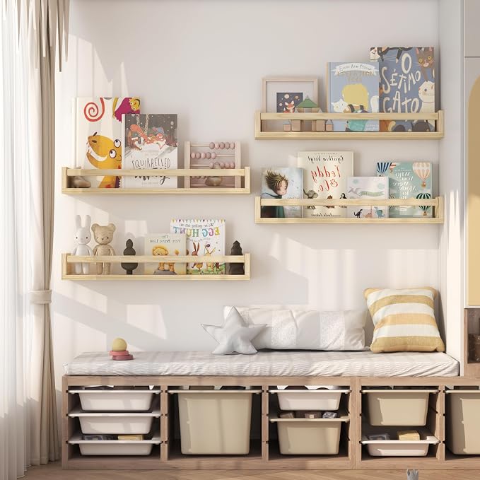 Onlysky Set of 4 Wall-Mounted Kid's Bookshelf - Wood Floating Nursery Book Shelves - Durable Wood Construction - Ideal for Nursery Decor, Kids Room, Toy Storage