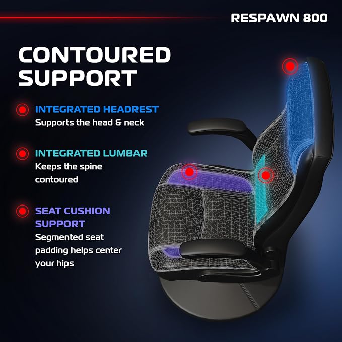RESPAWN 800 Swivel Rocker Gaming Chair - Ergonomic Floor Gaming Seat with Lumbar Support, Flip Up Armrest, High Back, Pedestal Base, Comfortable No Wheels Console Video Game Rocker Chair - Black