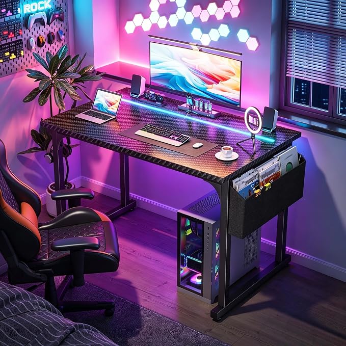 DurayLoly 40" Gaming Desk with Waterproof LED Lights, Carbon Fiber Desktop for Small Spaces | Home Office Study Computer Desk with Storage Bag & Headphone Hook, Black