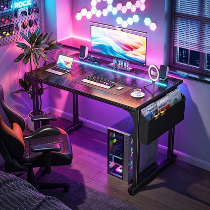 DurayLoly 40" Gaming Desk with Waterproof LED Lights, Carbon Fiber Desktop for Small Spaces | Home Office Study Computer Desk with Storage Bag & Headphone Hook, Black
