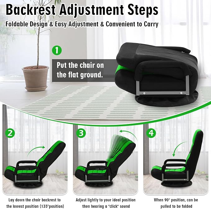 Swivel Floor Gaming Chair w/Armrests,Folding Video Reclining Sofa w/6 Adjustable Position, Padded Backrest & Cushion, Lazy Lounger Couch for E-Sports, Reading, Relaxing, Watching TV, Green