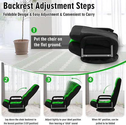 Swivel Floor Gaming Chair w/Armrests,Folding Video Reclining Sofa w/6 Adjustable Position, Padded Backrest & Cushion, Lazy Lounger Couch for E-Sports, Reading, Relaxing, Watching TV, Green
