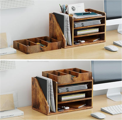 Wood Desk File Organizer with Side File Rack, Space-Efficient Design Easy to Assemble for Efficient Office Setup, Reduces Desk Clutter (Brown)