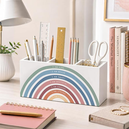Boho Rainbow Classroom Pen Holder for Desk, I Am Kind Motivational Quotes Wooden Box Sign Desk Decor for Classroom Kids Room Home Office Decoration, Inspirational Pencil Organizer