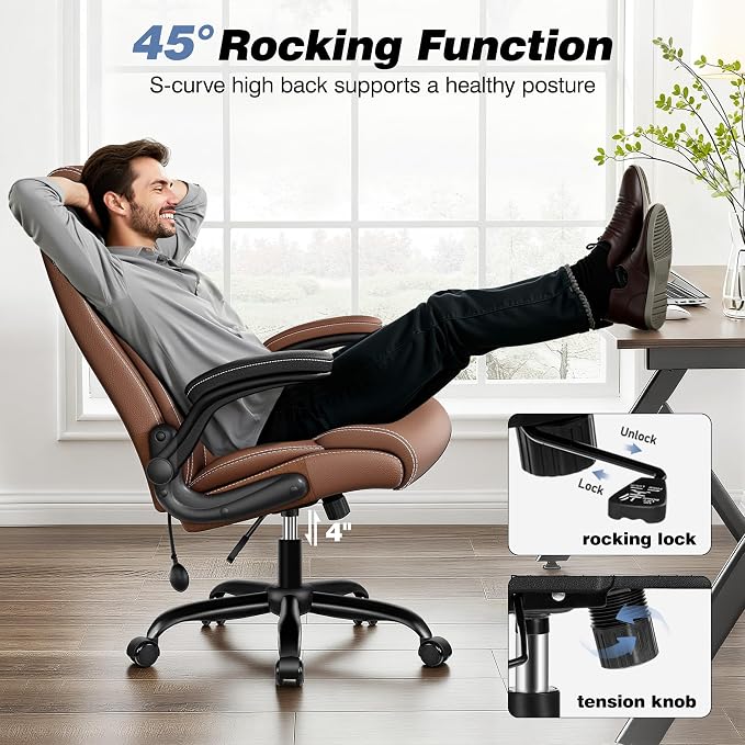 BESTFAIR Ergonomic Office Chair - Desk Computer Chair, Leather High Back Executive Chairs with Adjustable Lumbar Support & Flip Up Arms, Brown 2 Pack