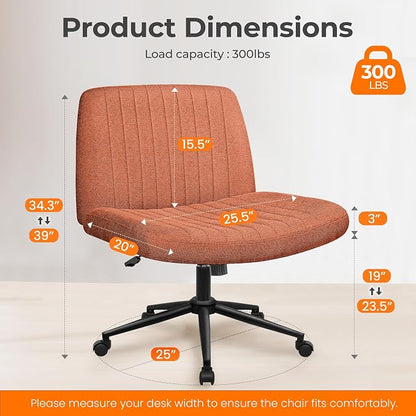 NEO CHAIR Criss Cross Chair with Wheels Armless Cross Legged Office Desk Wide Comfy Vanity Makeup Chair Adjustable Swivel Rolling Computer for Home Office Fabric (Brown)