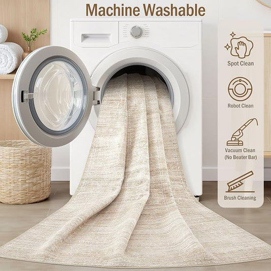 7x9 Area Rug Living Room: Washable Large Neutral Soft Rug Farmhouse Stain Resistant Indoor Non-Slip Floor Carpet for Bedroom Nursery Kids Playroom Office Dining Room Dorm- Beige