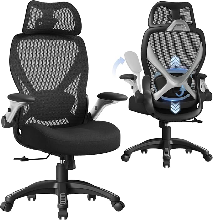 ELABEST X100 Ergonomic Mesh Office Chair, Big and Tall Hone Desk Chair with 5D Flip-Up Arms, Adjustable 3D Lumbar Support,Gaming & Executive Computer Chairs for Long Hours, Padded Seat