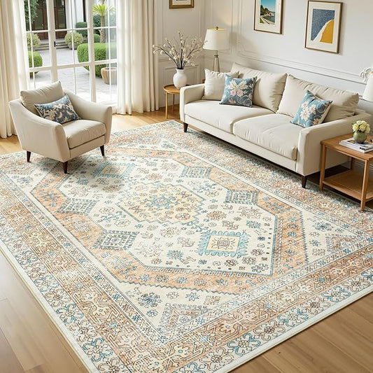 Lofus Vintage Living Room Rugs 5x7, Soft Machine Washable Area Rug for Bedroom Indoor Floor Home Office House Decor, Oriental Traditional Distressed Farmhouse Carpet, Boho Beige and Orange