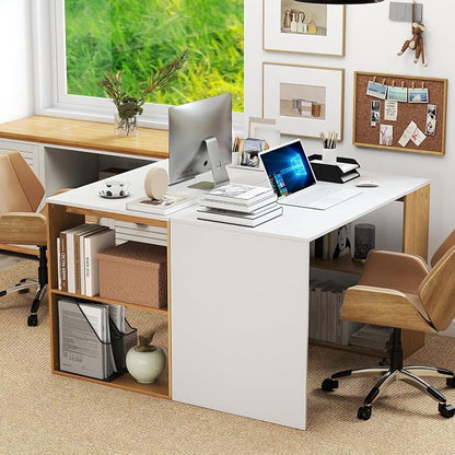 Tangkula Computer Desk, 44" Home Office Desk with 2-Tier Bookshelf, Study Writing Desk, Wooden Laptop Desk for Small Space, PC Workstation for Bedroom & Living Room (White & Natural)