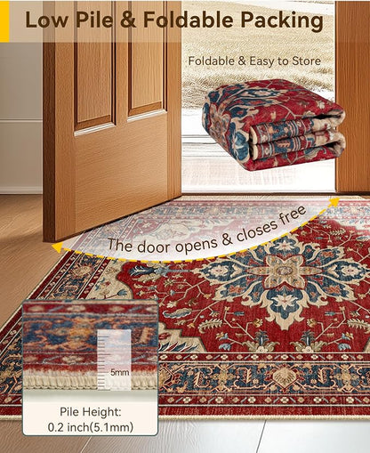 RELEANY Area Rugs Large 10'x14' Washable Non-Slip, Floral Vintage Distress Medallion Carpet for Living Room Bedroom Dining Room, Red Blue