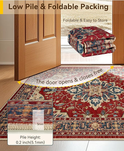 RELEANY Area Rugs Square 6ft Washable Non-Slip, Floral Vintage Distress Medallion Carpet for Living Room Bedroom Dining Room, Red Blue