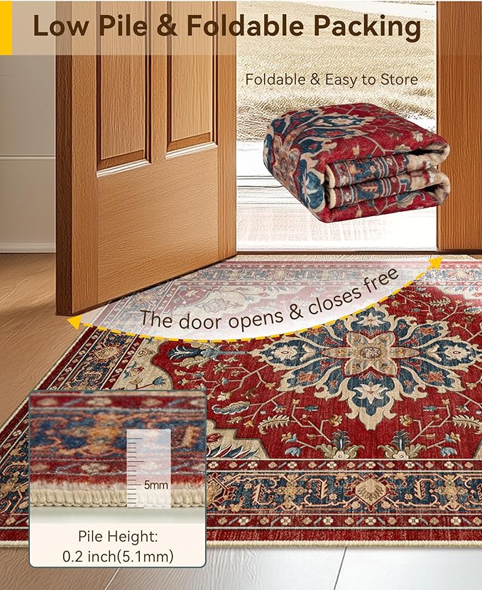 RELEANY Area Rugs Runner 2'x10' Washable Non-Slip, Floral Vintage Distress Medallion Carpet for Kitchen Hallway Bedroom Beside Laundry Room Bathroom, Red Blue