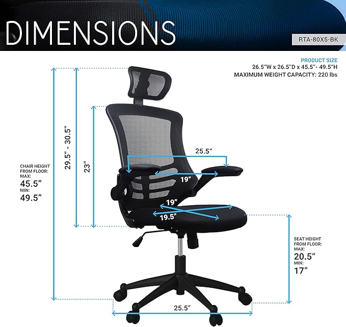 Techni Mobili Modern Ergonomic High-Back Office Chair, Executive Mesh Home Office Chair with Adjustable Headrest & Flip Up Arms, Black , 49.5" x 26.37" x 26.37"