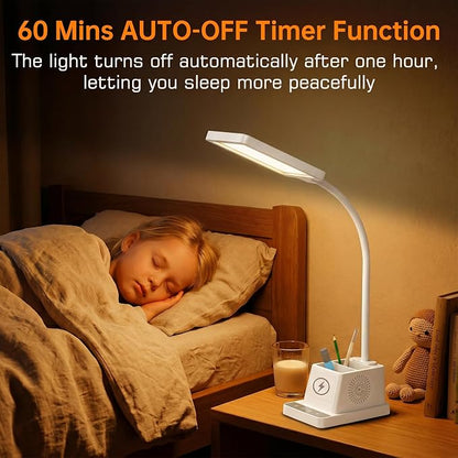 cozoo LED Desk Lamp for Home Office, Desk Light with 15W Wireless Charger Pen Holder, 12 Lighting Modes Desk Lamp for Bedroom, Small Table Lamp for College Dorm, Study, Craft, Nail, White