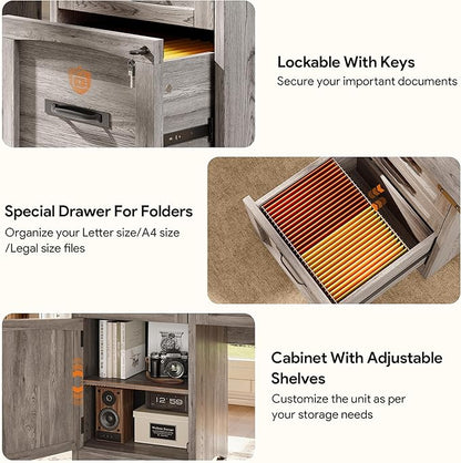 Decofy Farmhouse Executive Desk with Drawers, 55" Home Office Desks with Fast Charging Station, Lockable File Cabinet, Wood Writing Computer Desk for Work, Study, Grey