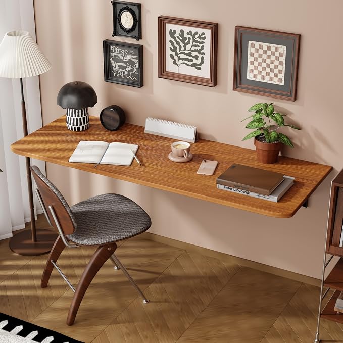 Dogsky Wall Mounted Folding Table, Floating Desk 55x15.7Inch, Fold Down Shelf Wall Mounted with Heavy Iron Brackets, Foldable Table for Launrdy Room, Office Study Work Bench, Kitchen Dining, Burlywood