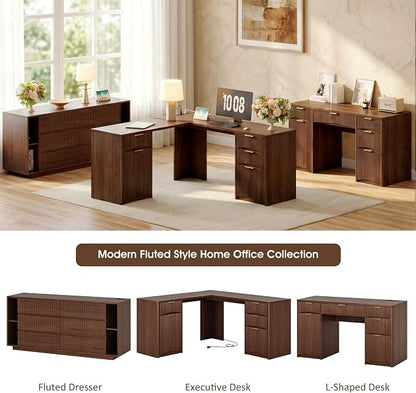 Whalefall 63'' Fluted L Shaped Desk with Drawers, Walnut | Corner Computer Desk with Charging Station, Modern Executive Home Office L Desk with File Cabinet Storage