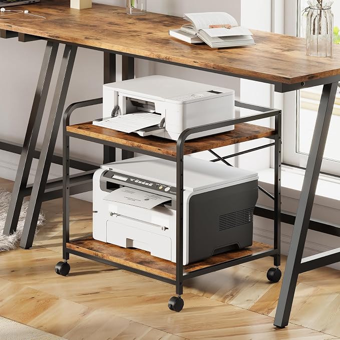 Under Desk Printer Stand, 22''W X 20''D X 22.4''H Mini Fridge Stand, Printer Shelf, Large Printer Table with Height Adjustable, 2 Tier 3D Printer Cart with Wheels for Home Office Storage, Rustic Brown