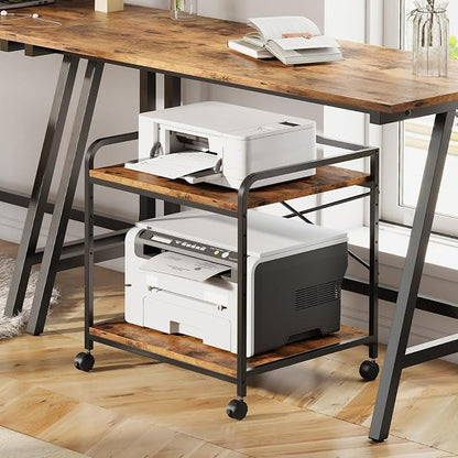 Under Desk Printer Stand, 22''W X 20''D X 22.4''H Mini Fridge Stand, Printer Shelf, Large Printer Table with Height Adjustable, 2 Tier 3D Printer Cart with Wheels for Home Office Storage, Rustic Brown